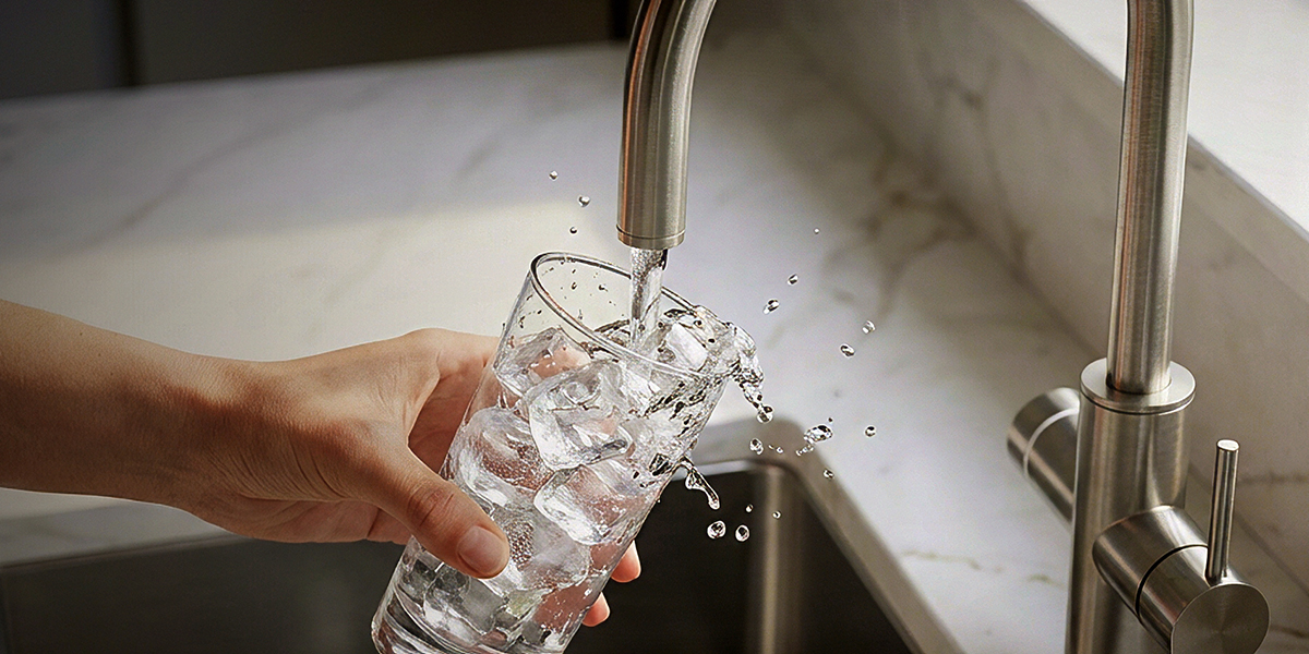 Pouring Water From Topia Faucet In Kitchen